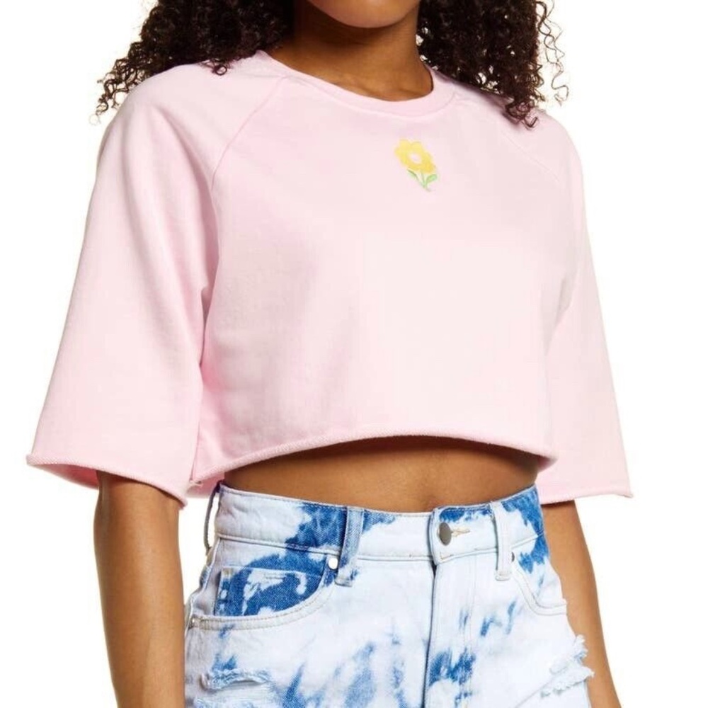 New BP Flower Embroidered Cropped Crewneck Short Sleeve Sweatshirt Pink Size 2X